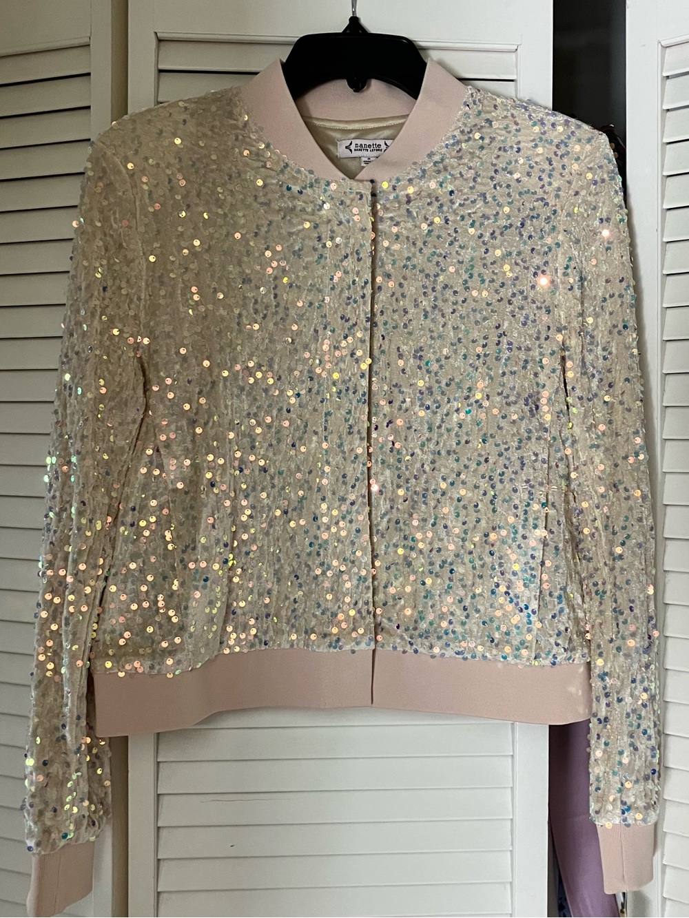 Nanette Lepore Iridescent Sequin Bomber Jacket in Light Pink